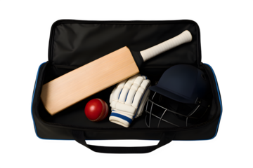 Open Cricket Kit Bag with Bat, Gloves, Ball, and Helmet on White Background
