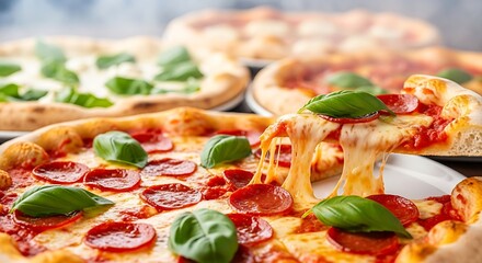 Delicious assortment of freshly baked pizzas ready to enjoy