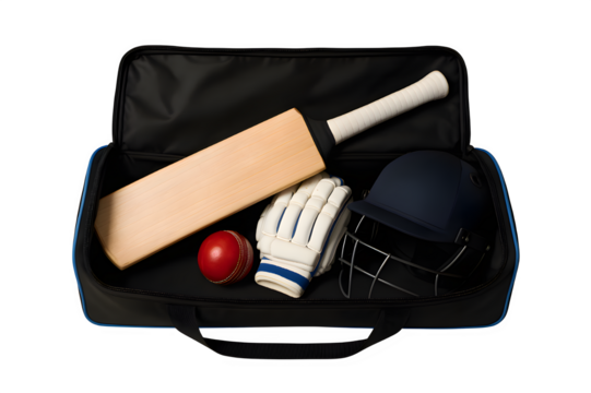 Open Cricket Kit Bag with Bat, Gloves, Ball, and Helmet on White Background