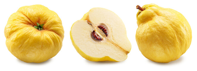Set of two quinces and half cut quince on white background. File contains clipping path.