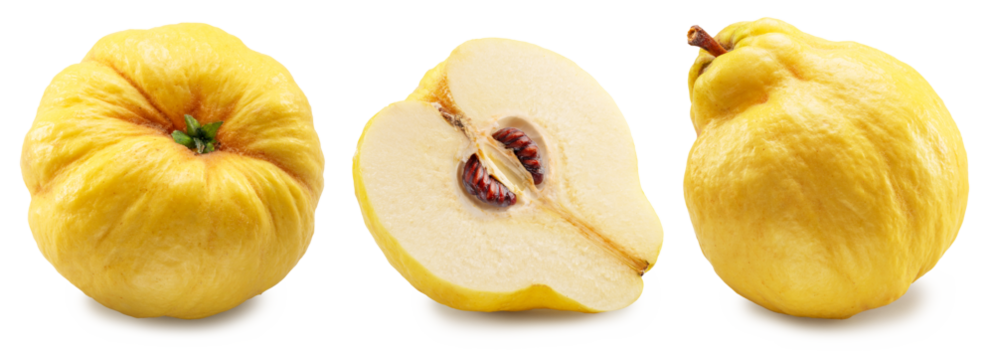Set of two quinces and half cut quince on white background. File contains clipping path.