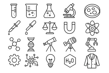 Obraz premium Line art of scientific icons: test tubes, microscope, dna, and more
