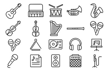 Fototapeta premium Musical instruments icon set featuring guitar, piano, drum, trumpet, headphones
