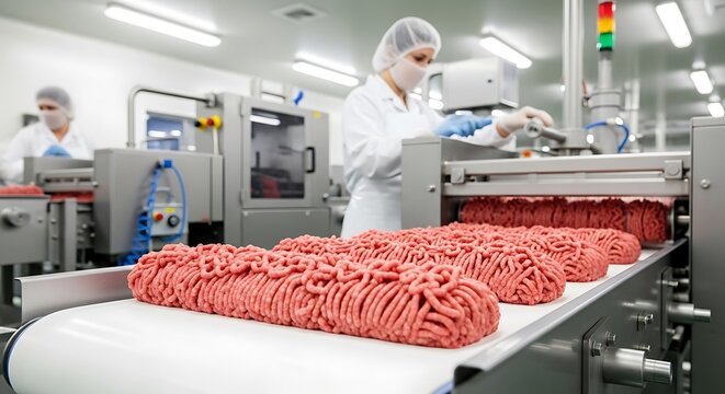Freshly ground meat products move along a conveyor belt in a modern food processing facility.