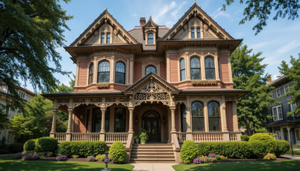 Fototapeta premium Victorian architecture home historic neighborhood real estate showcase lush gardens daylight elegant design
