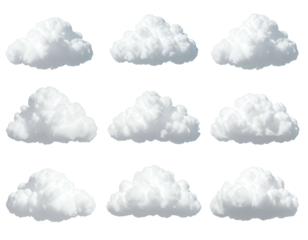 Nine variations of stylized white clouds, digitally rendered in a grid format