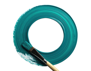 Teal paint swirling in a circular shape, with a paintbrush resting on the top edge