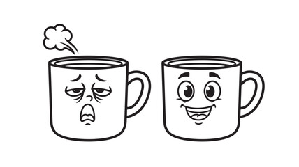 Two coffee mugs cartoon characters happy sad emotions line art Vector 