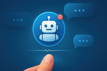 Futuristic chatbot interface with blue speech bubbles and robotic avatar on glowing dark background
