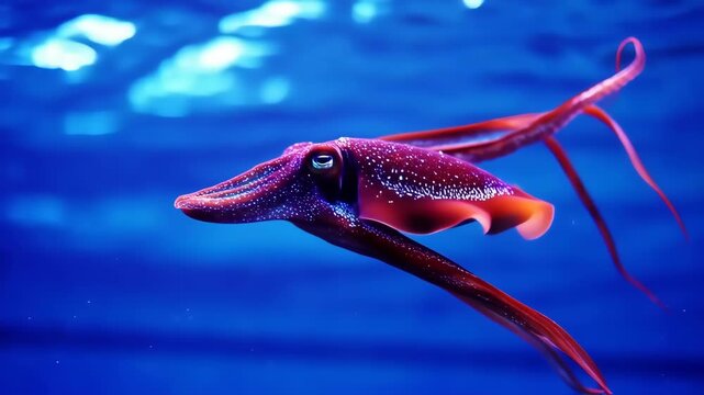 A deep-sea squid swims in a vibrant blue aquarium