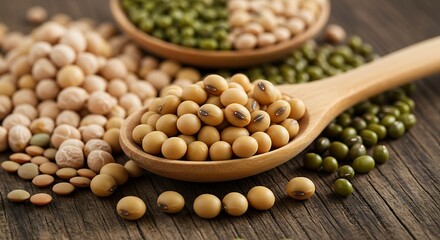 Soybeans and mung beans on rustic wood offer natural protein for healthy vegan meals and diets, ideal for wellness and nutrition campaigns