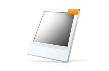 A slightly angled white instant photo frame with a blank gray gradient screen and an orange tab is isolated on a white backdrop