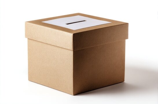 A brown cardboard box with a white lid and a slit stands on a white background, casting a soft shadow to the left