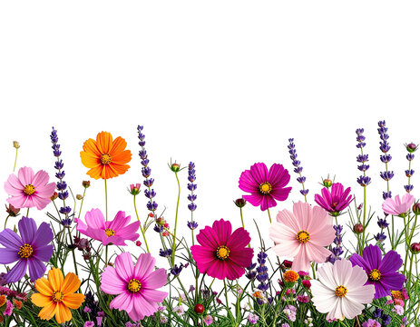 Vibrant border of colorful cosmos and lavender flowers