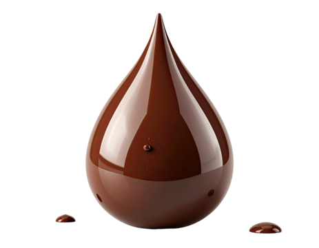 Dark chocolate drop, glossy and smooth, with small drips below