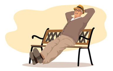 Senior man relaxing in park on a sunny day seated on a wooden bench. vector, illustration