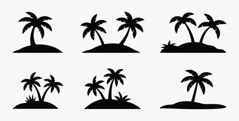 Fototapeta premium Tropical Palm Tree Island Silhouettes Collection Exotic Paradise Vector Illustration
