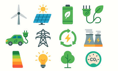 Clean energy icons: solar, wind, electric car, eco power, green technology symbols