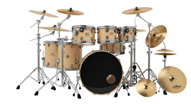 A photorealistic complete drum kit with light natural wood shells, polished chrome hardware, and golden brass cymbals on a transparent seamless background, concept of musical instrument aesthetic
