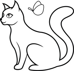 abstract line art cat with butterfly illustration on transparent