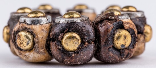 Close-up view of several small, round objects with metallic caps and central studs, arranged in a row.