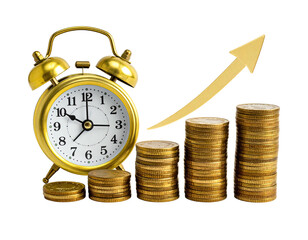 Golden alarm clock beside stacked gold coins with an upward gold arrow graph