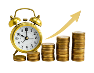 Golden alarm clock beside stacked gold coins with an upward gold arrow graph