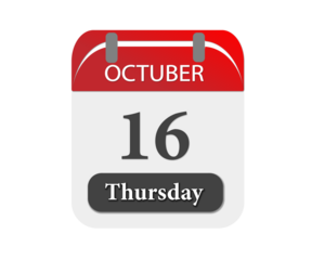 A calendar showing the date october sixteenth on a thursday against a black colored background space