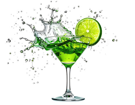 Vibrant green cocktail with lime slice and splash