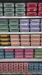 Plastic food containers with lids neatly displayed on a supermarket shelf, perfect for storing snacks, meal prep portions, and keeping food fresh longer.