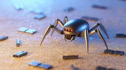 Futuristic metallic spider robot exploring a sandy surface with scattered debris