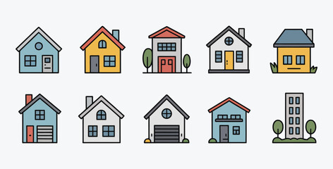 Variety of house and building styles vector illustration on white backdrop