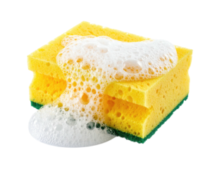 A yellow cleaning sponge with a generous amount of white suds dripping from it