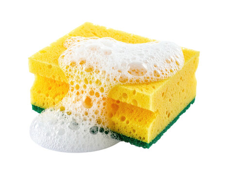 A yellow cleaning sponge with a generous amount of white suds dripping from it