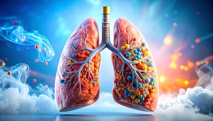A detailed medical illustration of the human lungs, depicting healthy and affected tissue with surrounding atmospheric visuals