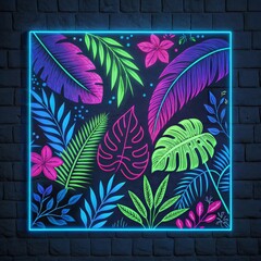 Neon tropical palm leaves on dark brick wall background.
