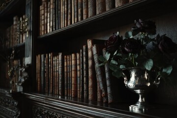 Obraz premium antique library with leather bound books dark wooden shelves silver vase and black roses gothic romantic atmosphere concept of literature editorial cultural heritage visual design