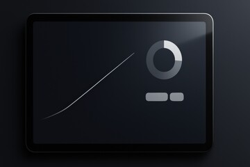 Minimal tablet analytics interface with glowing pie chart and simple progress line on dark background
