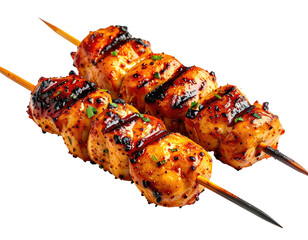 Two skewers of grilled chicken.  Golden brown, glazed, and slightly charred chicken pieces are threaded onto wooden skewers