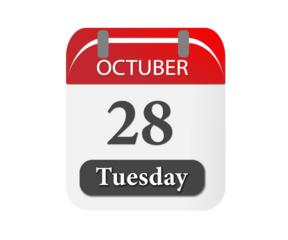 A calendar page showing october twenty eighth on a tuesday with a red and white color scheme image