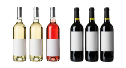 Six assorted wine bottles (white, ros&eacute;, red wine) with blank labels, full, clean, on transparent studio background with copy space. Concept for beverage branding and mockups