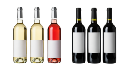 Six assorted wine bottles (white, rosé, red wine) with blank labels, full, clean, on transparent studio background with copy space. Concept for beverage branding and mockups