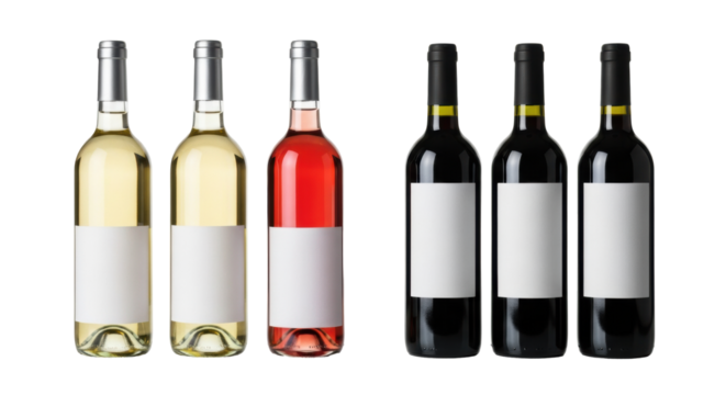 Six assorted wine bottles (white, rosé, red wine) with blank labels, full, clean, on transparent studio background with copy space. Concept for beverage branding and mockups