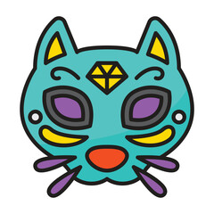 Stylized cat mask with diamond swirling patterns and vibrant colors