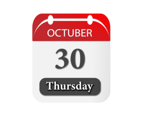 A calendar page showing october thirtieth on a thursday with a red and white color scheme design element