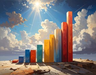 Colorful bar graph rising against a dramatic sky