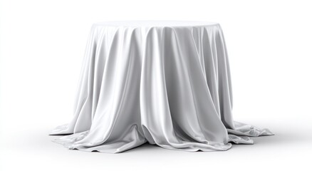 A round shape covered with white cloth drapes gracefully to the floor, casting subtle shadows on the white background, creating soft folds