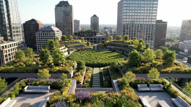 Aerial view rooftop gardens reducing urban heat cinematic drone resilient city lifestyle stock video. elevated verdure lessens metro warmth aerial footage drone shot sustainable