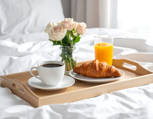 Continental Breakfast in Bed with Coffee, Juice, and Croissant – Relaxed Hotel Morning