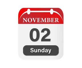 A calendar page showing the date november second which falls on a sunday with red accents and black text